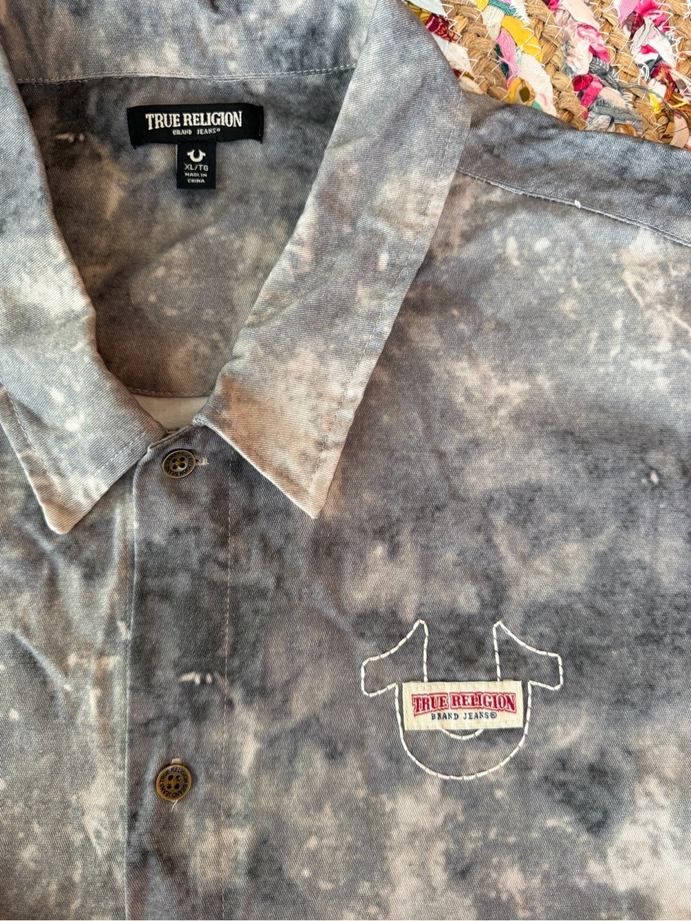 True Religion Gray Tie-Dye Casual Button-Down Shirt